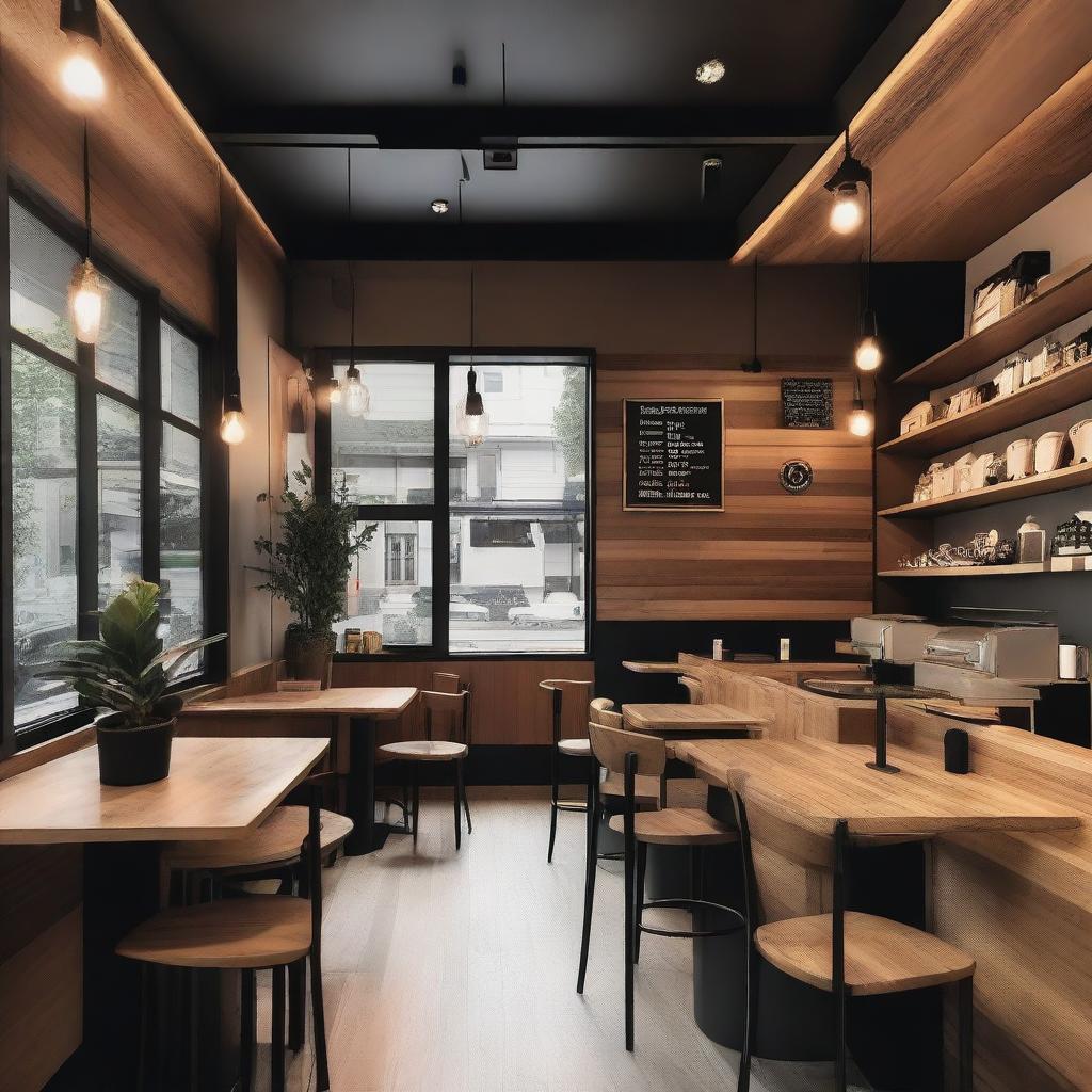 A cozy café interior featuring wood and black details