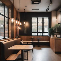 A cozy café interior featuring wood and black details