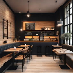 A cozy café interior featuring wood and black details