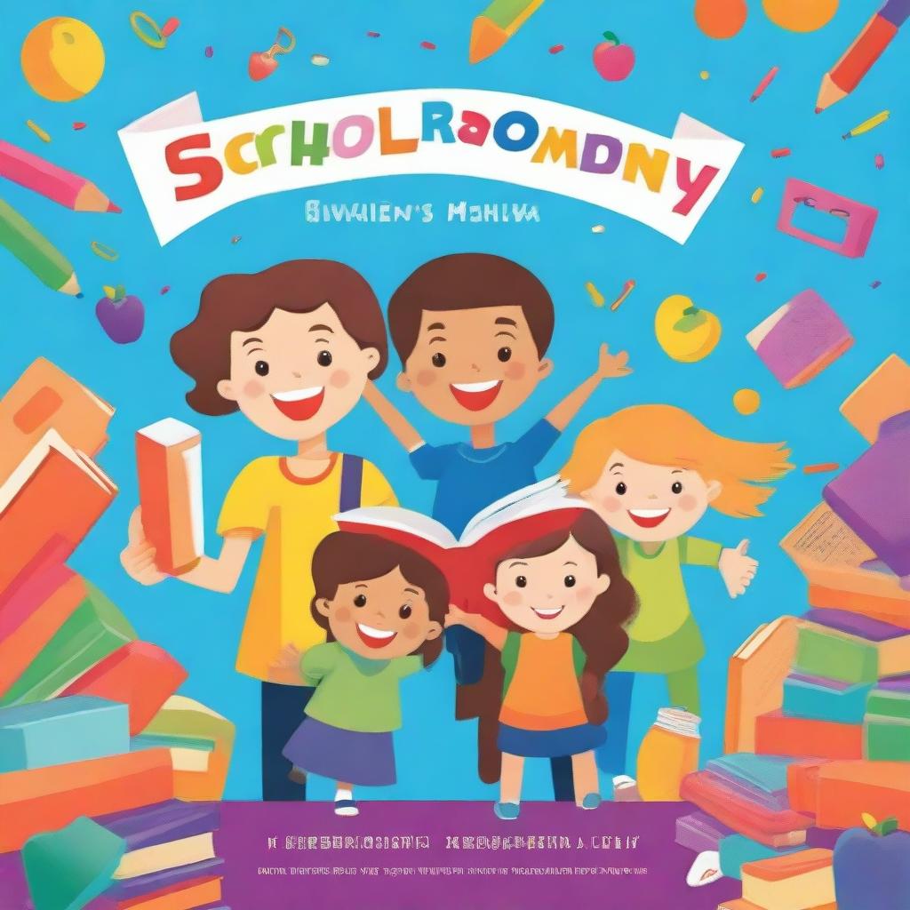 A colorful and inviting school cover page featuring happy children, books, and school supplies