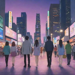 Create a captivating anime scene with colorful characters in a vibrant cityscape during the twilight hours.