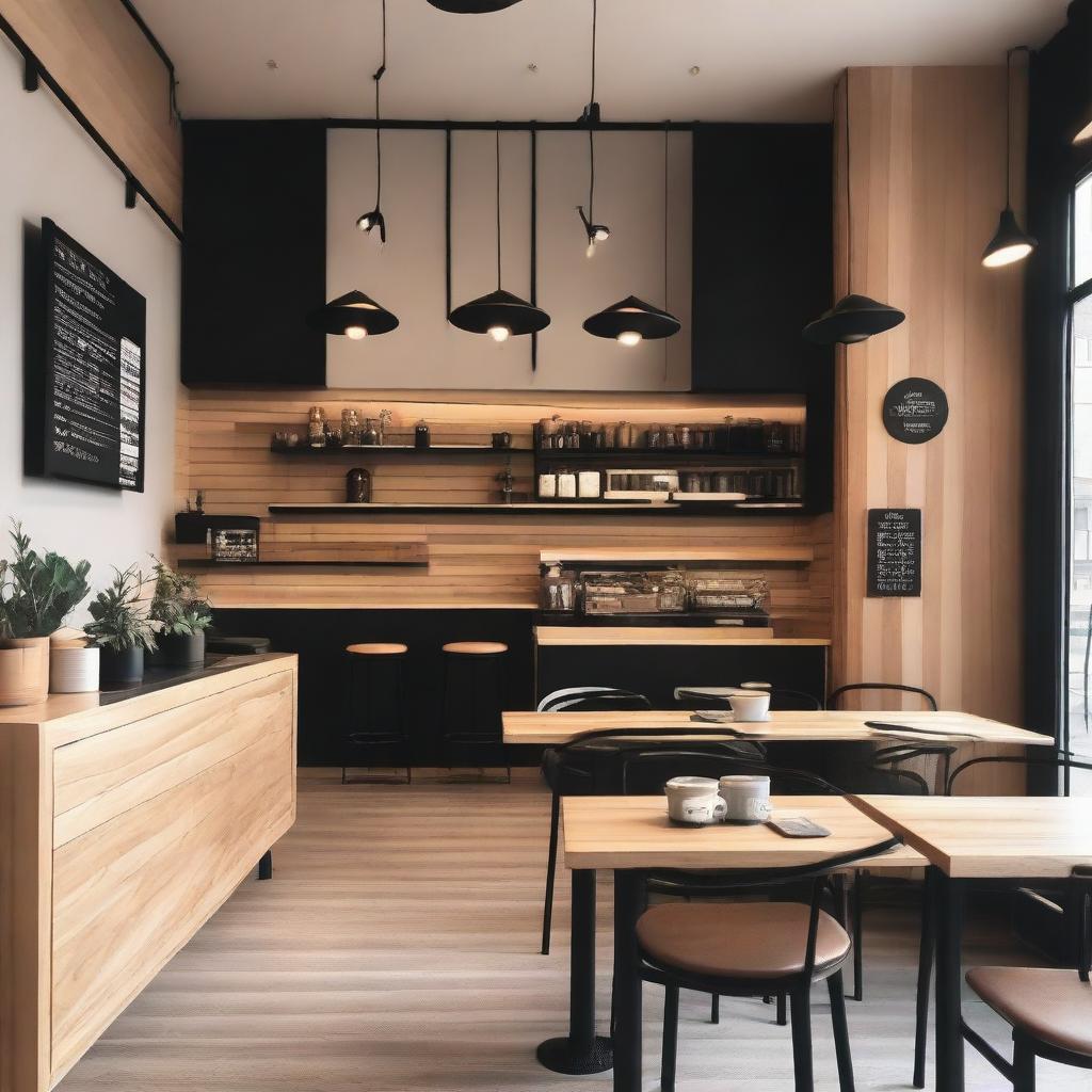 A cozy café interior featuring light wood and black details