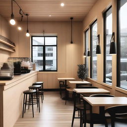 A cozy café interior featuring light wood and black details