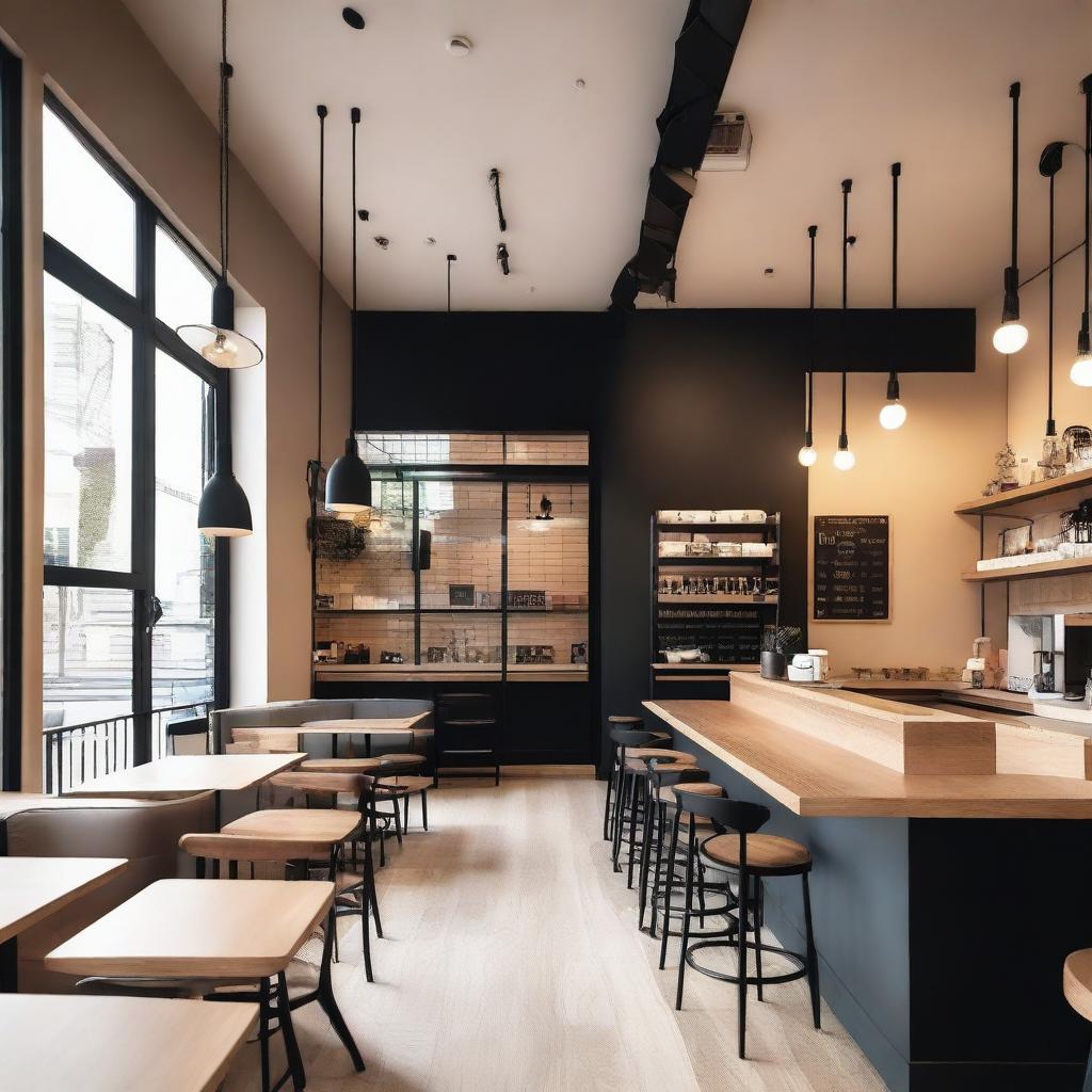 A cozy café interior featuring light wood and black details