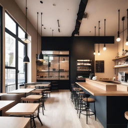 A cozy café interior featuring light wood and black details