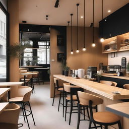 A cozy café interior featuring light wood and black details