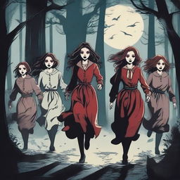 Ten girls are running away from vampires in a dark, eerie forest