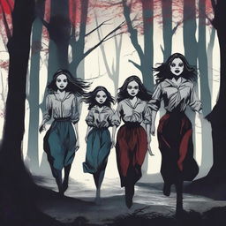 Ten girls are running away from vampires in a dark, eerie forest