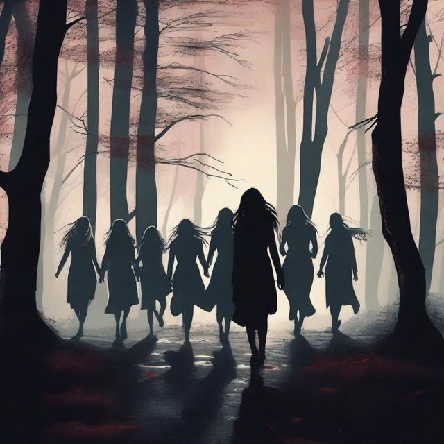 Ten girls are running away from vampires in a dark, eerie forest