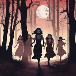 Ten girls are running away from vampires in a dark, eerie forest