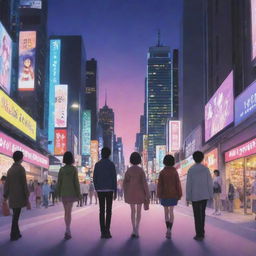 Create a captivating anime scene with colorful characters in a vibrant cityscape during the twilight hours.