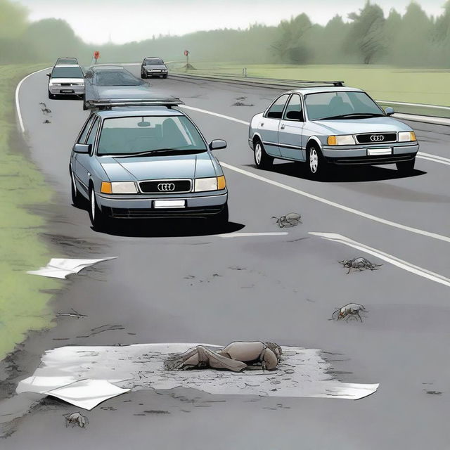 A dramatic crime scene on a highway