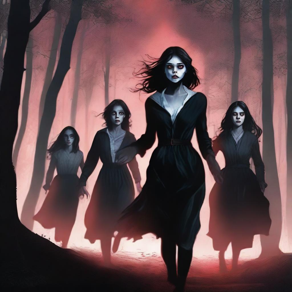 Ten realistic human girls are running away from vampires in a dark, eerie forest