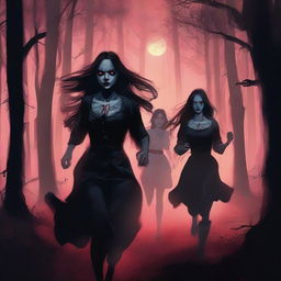 Ten realistic human girls are running away from vampires in a dark, eerie forest