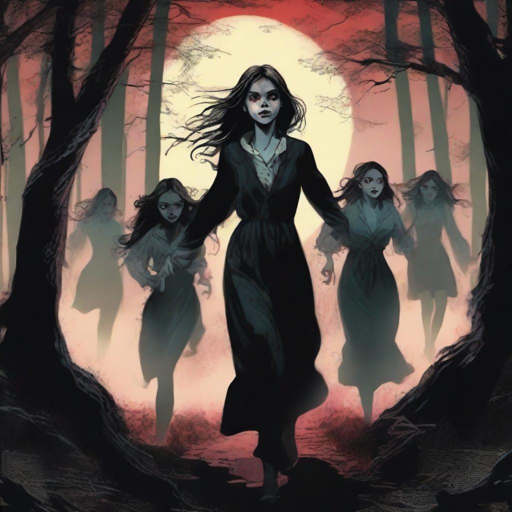 Ten realistic human girls are running away from vampires in a dark, eerie forest