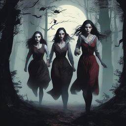 Ten realistic human girls are running away from vampires in a dark, eerie forest