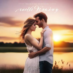 Create a romantic movie cover featuring a couple in a loving embrace, set against a picturesque sunset backdrop