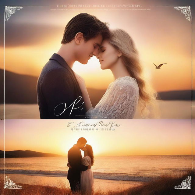 Create a romantic movie cover featuring a couple in a loving embrace, set against a picturesque sunset backdrop