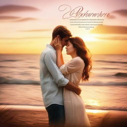 Create a romantic movie cover featuring a couple in a loving embrace, set against a picturesque sunset backdrop