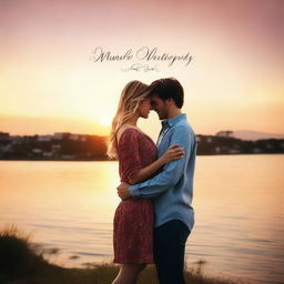 Create a romantic movie cover featuring a couple in a loving embrace, set against a picturesque sunset backdrop