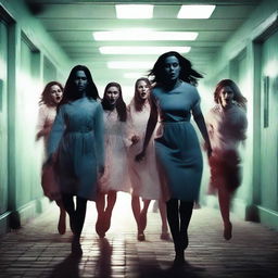 Create a realistic movie poster featuring ten girls running away inside a haunted hospital