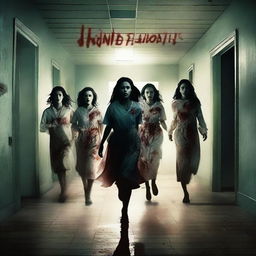 Create a realistic movie poster featuring ten girls running away inside a haunted hospital