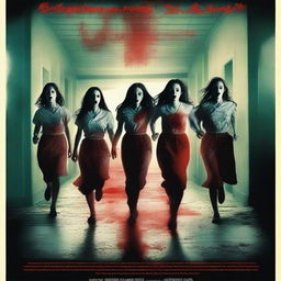 Create a realistic movie poster featuring ten girls running away inside a haunted hospital