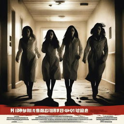 Create a realistic movie poster featuring ten girls running away inside a haunted hospital