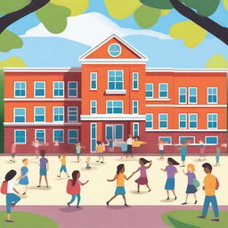 A vibrant and lively school scene with students playing in the playground, teachers interacting with students, and a bright, welcoming school building in the background