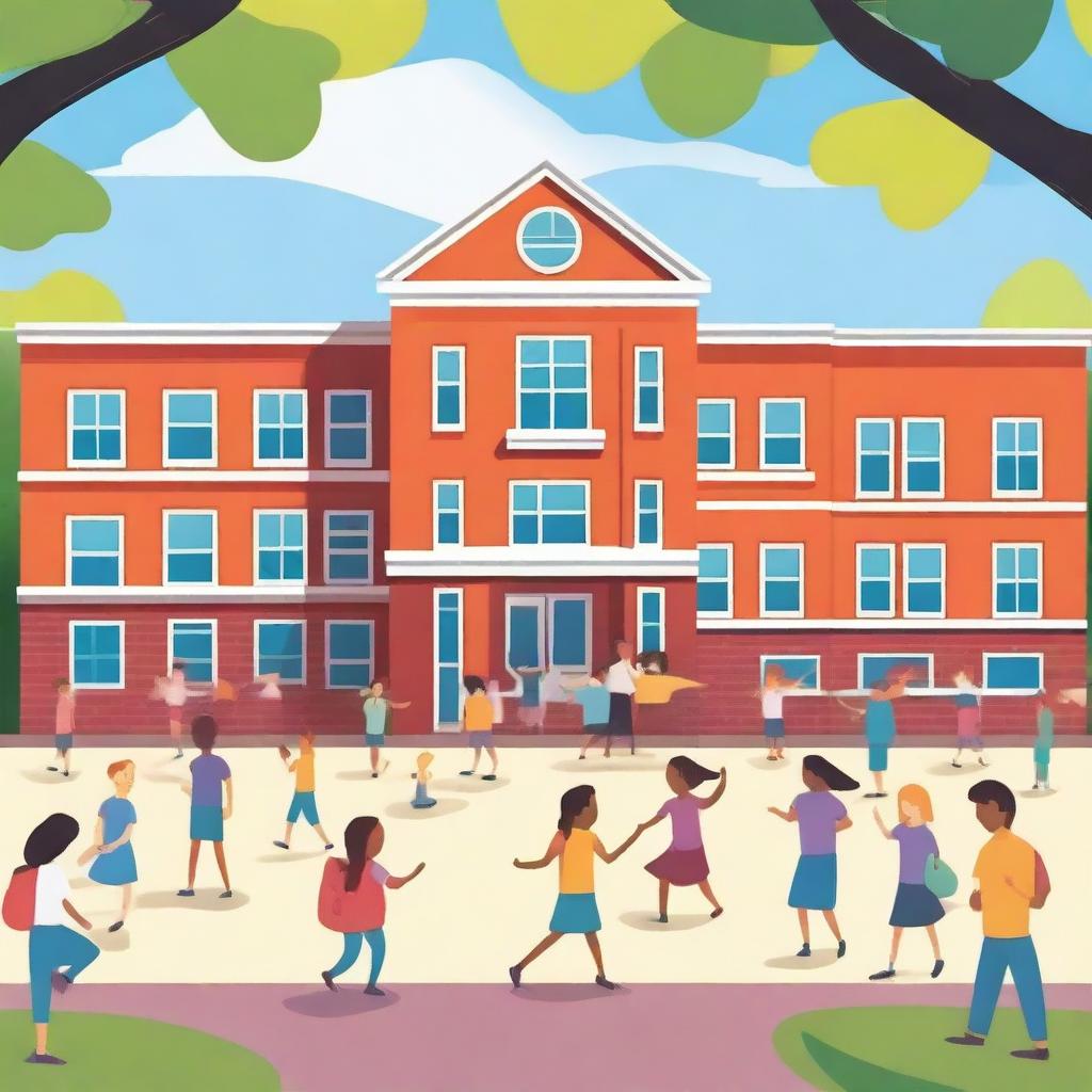A vibrant and lively school scene with students playing in the playground, teachers interacting with students, and a bright, welcoming school building in the background
