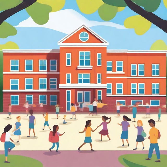 A vibrant and lively school scene with students playing in the playground, teachers interacting with students, and a bright, welcoming school building in the background