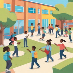 A vibrant and lively school scene with students playing in the playground, teachers interacting with students, and a bright, welcoming school building in the background