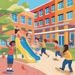 A vibrant and lively school scene with students playing in the playground, teachers interacting with students, and a bright, welcoming school building in the background