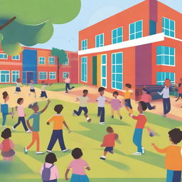 A vibrant and lively school scene with students playing in the playground, teachers interacting with students, and a bright, welcoming school building in the background