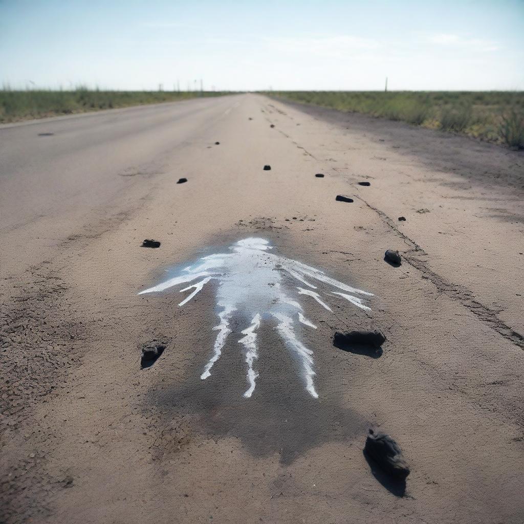 A detailed scene of a body chalk outline at a crime scene on a highway, filled with houseflies