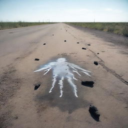 A detailed scene of a body chalk outline at a crime scene on a highway, filled with houseflies