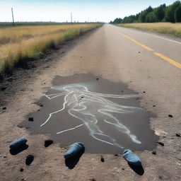 A detailed scene of a body chalk outline at a crime scene on a highway, filled with houseflies