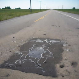 A detailed scene of a body chalk outline at a crime scene on a highway, filled with houseflies