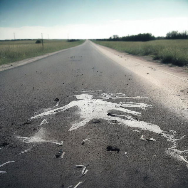 A detailed scene of a body chalk outline at a crime scene on a highway, filled with houseflies