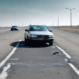 A crime scene on a highway featuring a body chalk outline filled with houseflies