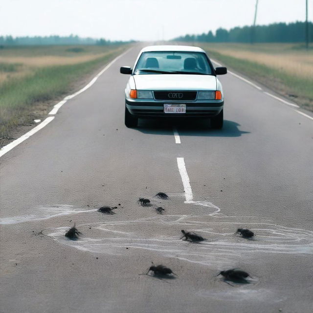 A crime scene on a highway featuring a body chalk outline filled with houseflies