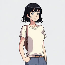 A short girl with black hair, standing confidently