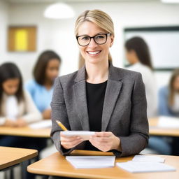 A stylish and attractive teacher in a modern classroom setting, wearing fashionable yet professional attire