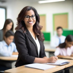 A stylish and attractive teacher in a modern classroom setting, wearing fashionable yet professional attire