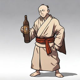 A drunk RPG monk with brown hair and eyes, white skin, and a tired appearance