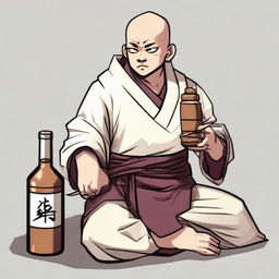 A drunk RPG monk with brown hair and eyes, white skin, and a tired appearance