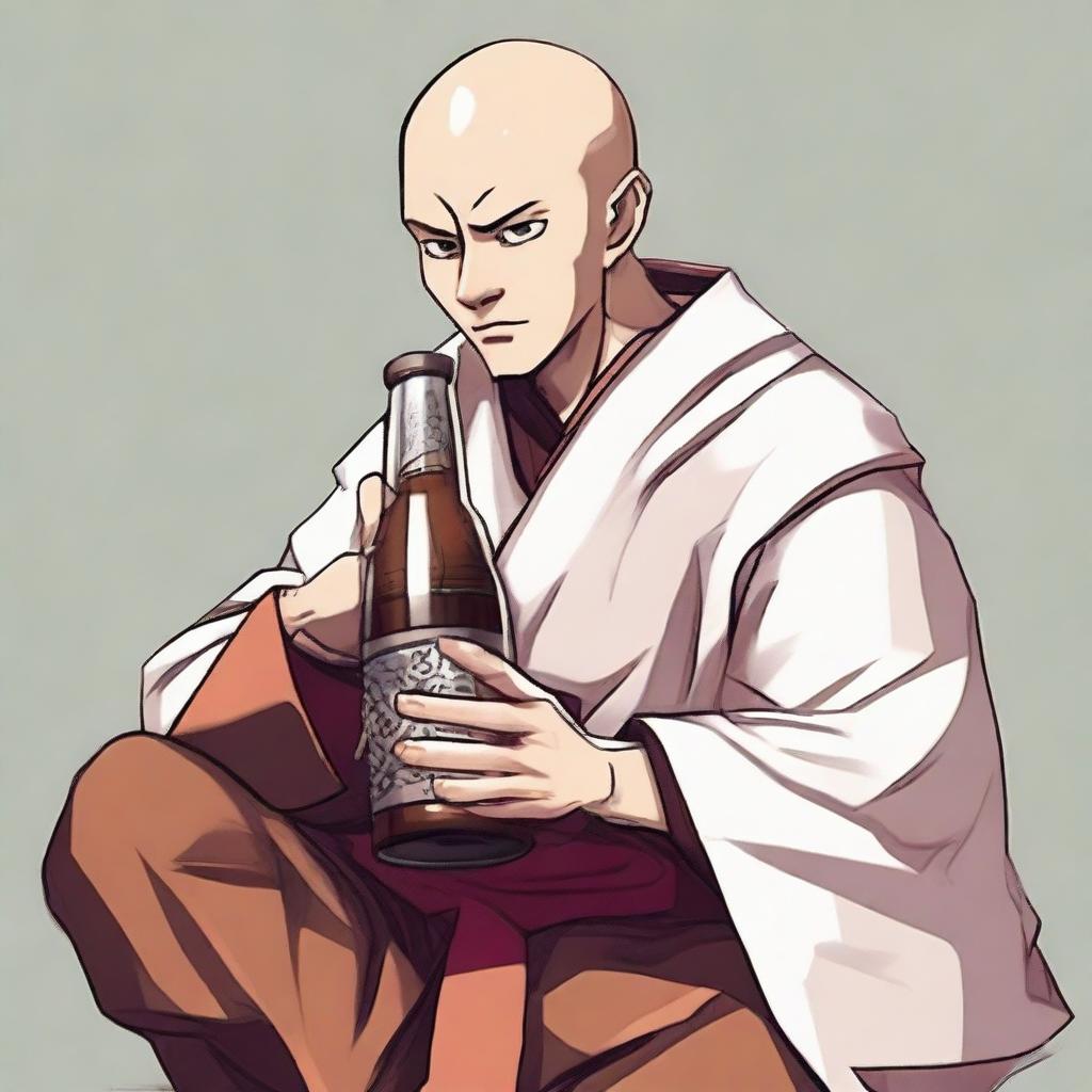 A drunk RPG monk with brown hair and eyes, white skin, and a tired appearance