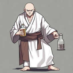 A drunk RPG monk with brown hair and eyes, white skin, and a tired appearance