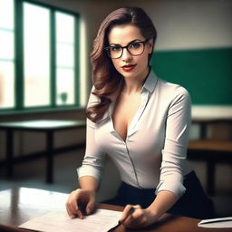 A seductive teacher sitting on a table, wearing glasses and stylish, slightly revealing clothing