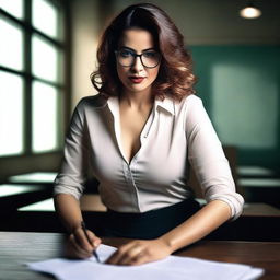 A seductive teacher sitting on a table, wearing glasses and stylish, slightly revealing clothing